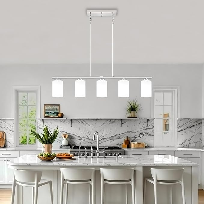 5-Light Kitchen Island Lighting Brushed Nickel Dining Room Light Fixtures | Modern Linear Chandelier Over Table, Adjustable Kitchen Lighting Fixtures Over Island with White Frosted Glass - Image 2