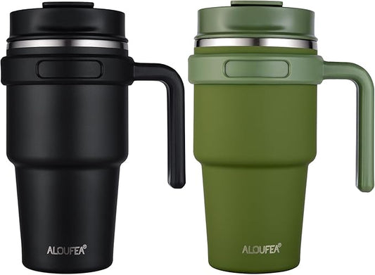 20 oz Insulated Travel Coffee Mug Tumbler with Handle and Straw | Leakproof Stainless Steel Coffee Cup with Lid, Double Wall Vacuum Ice Thermal Cup, Black and Army Green by ALOUFEA