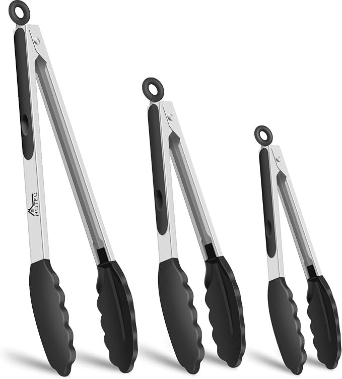 HOTEC Premium Stainless Steel Locking Kitchen Tongs with Silicon Tips, Heat Resistant Cooking Tongs Set of 3-7", 9" and 12", Black by Hotec
