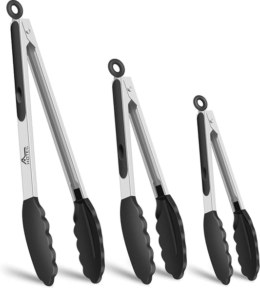 HOTEC Premium Stainless Steel Locking Kitchen Tongs with Silicon Tips, Heat Resistant Cooking Tongs Set of 3-7", 9" and 12", Black by Hotec