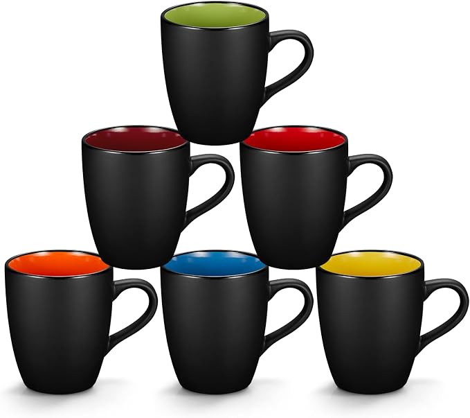 Qipecedm 6 Pack Porcelain Coffee Mugs Set, 12 Ounces Ceramic Coffee Mugs, Matte Black Coffee Mug, Restaurant Cups for Coffee, Tea, Cappuccino, Cocoa, Cereal, Black outside and Colorful inside by Qipecedm