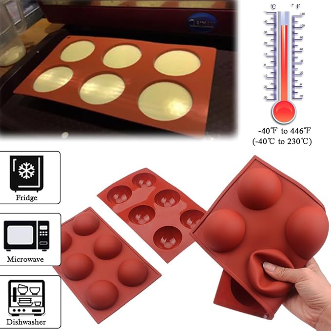 6 Holes Hot Chocolate Bomb Mold Dome Silicone Mould For Chocolate Cake Jelly Pudding Handmade Soap Round Shape Circle Cake Moulds Dia: 2 1/2 inches, Set of 2