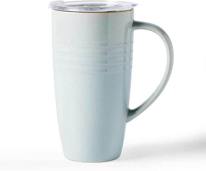 famiware Jupiter Large Coffee Mug, 20oz Coffee Mug with Lid, Ceramic Cup with Handle for Latte, Tea, Cocoa, Milk, Home & Office, Microwave and Dishwasher Safe, Light Blue by Famiware