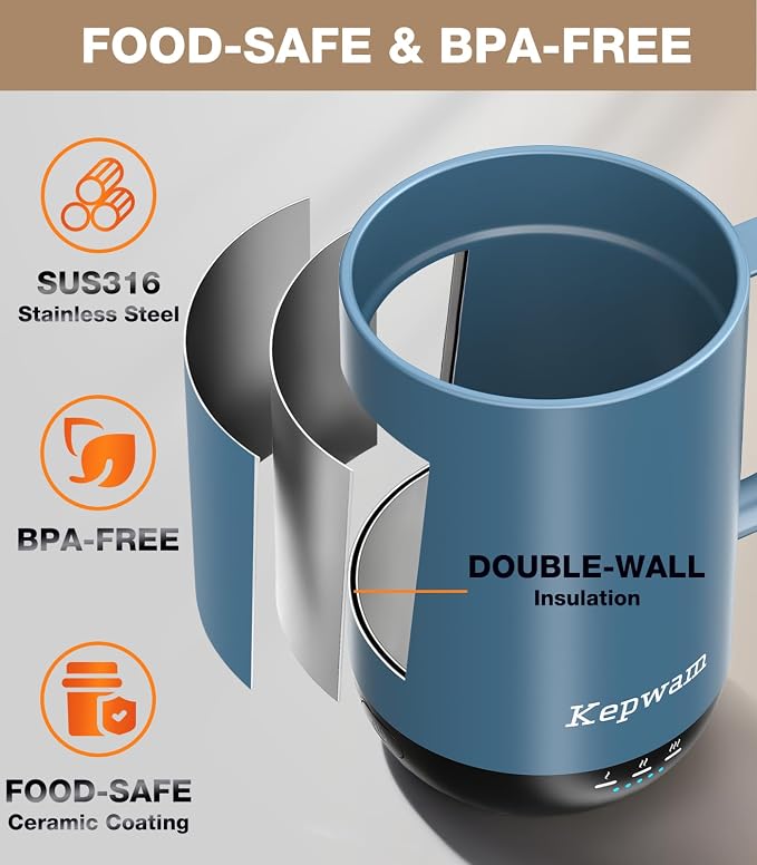 Kepwam Self-Heating Coffee Mug T1-16oz, Fast Heating Rechargeable Heated Coffee Mug, Smart Mug with App & Button Control, Ideal Gift for Coffee Lovers & Hot Drink Enthusiasts - Image 5