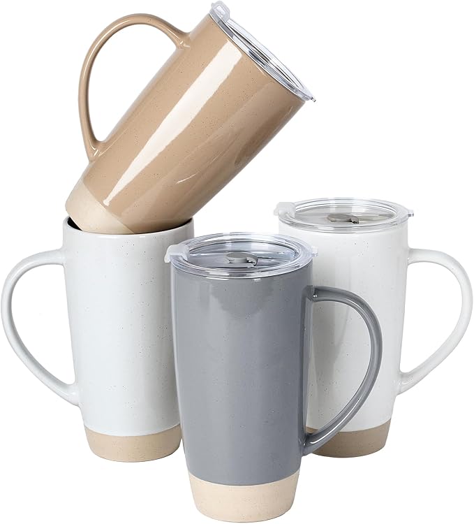 famiware Milkyway Coffee Mugs, 20oz Large Coffee Mug, Ceramic Mug Set of 4 with Lid, Cup Set with Handle for Latte, Tea, Cocoa, Milk, Home & Office, Multi-color by Famiware