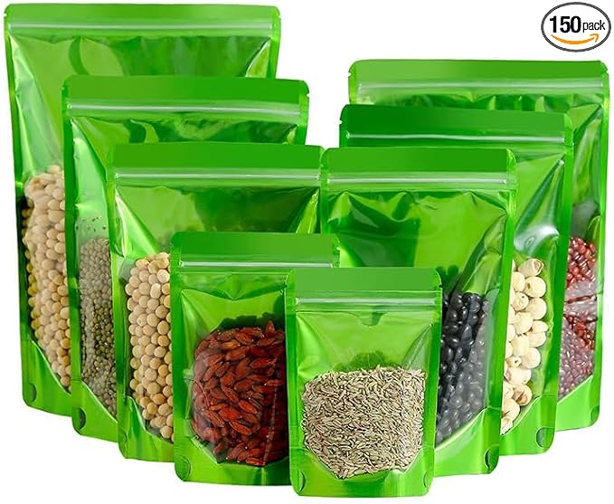 150 Pcs Mylar Bags for Food Storage, 5x8 Mylar Bag with Window Stand Up, Small Holographic Resealable Bags Smell Proof Bag Food Packaging for Small Business Freeze Dried Candy Jewelry Foil Packaging by Circloophs