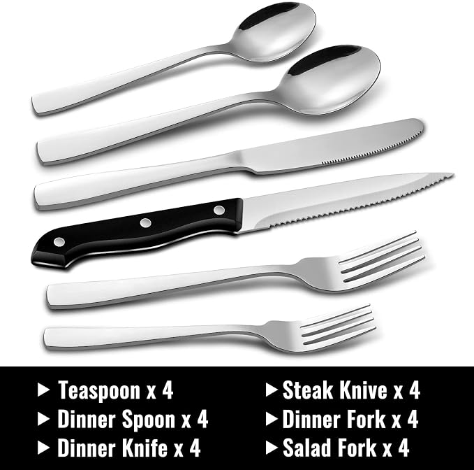 Hiware 24-Piece Silverware Set with Steak Knives, Stainless Steel Flatware Cutlery, Mirror Polished Flatware Serving Utensils Set for 4, Includes Forks Spoons Knives Silverware, Dishwasher Safe - Image 2