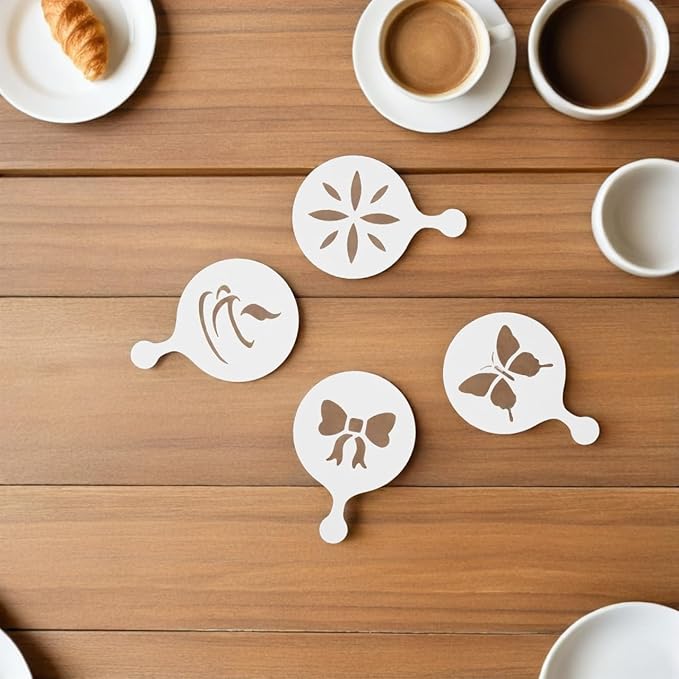 Cabilock 8Pcs Reusable Coffee Art Stencils Plastic Latte Decorating Templates for Cappuccino Cookie Cake Designs for Home Use