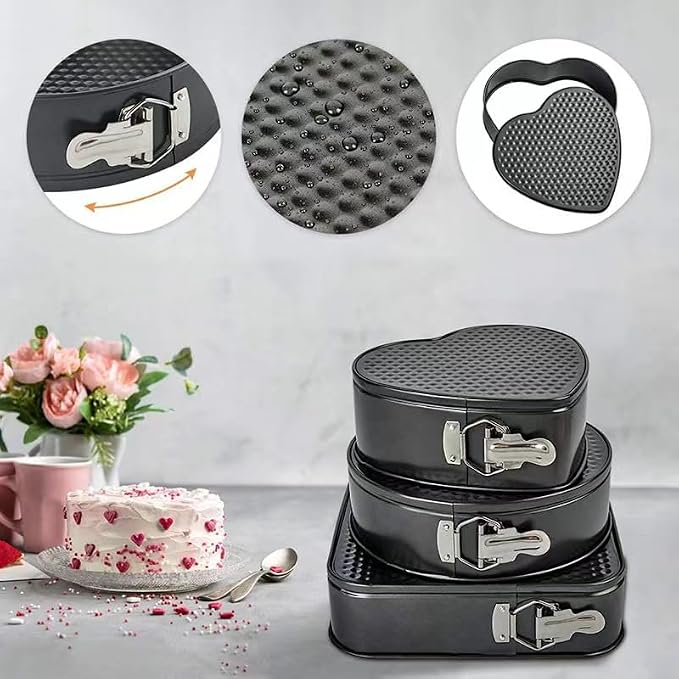 Kitchen Tool Cake Baking Supplies Non-stick Removable Bottom Springform Cake Pan TinBaking Heart shaped cake pans Leak proof and high temperature resistant Square roud Heart cake Pans Set of 3 - Image 4