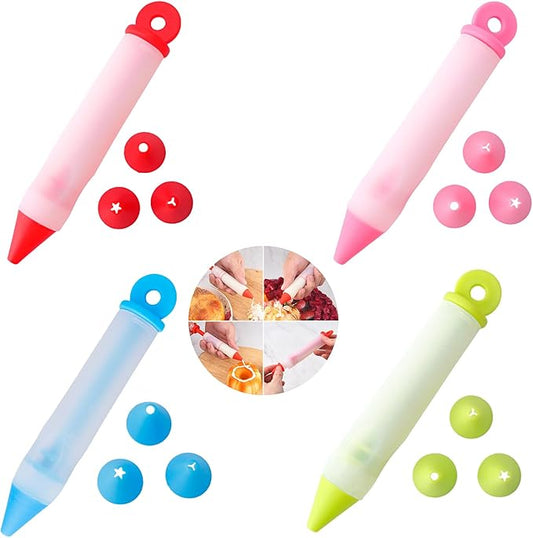 Pack of 4 Dessert Decorating Cake Decorating Pens Kit,Cake Decorating Syringe Cylinder Used for Chocolate Jam, Lettering, Drawing, and Cream Cake Baking Decorating Tools，