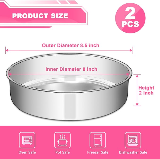EWFEN 8 Inch Cake Pan Set of 2, Stainless Steel Round Layer Cake Baking Pans Tins, Non-Toxic & Healthy, Leak-proof & Easy Clean & Dishwasher Safe - Image 2