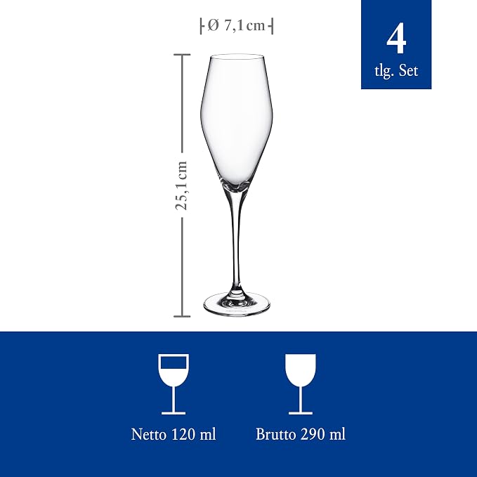 Villeroy & Boch La Divina Collection Champagne Flute, 4 oz Capacity, Set of 4 Crystal Glass, Made in Europe | Crystal glass champagne flutes, made in Europe, dishwasher safe, finely curved for champagne or sparkling Prosecco - Image 3