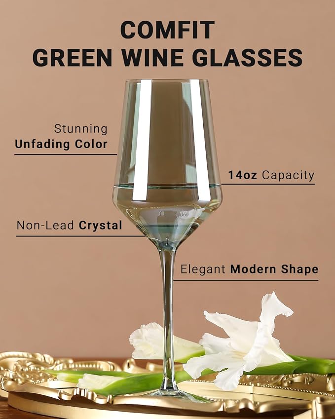 comfit Green Wine Glasses Set of 6-15 oz Hand-blown Crystal Long Stem Wine Glasses - Green Glassware, Mother's Day, Wedding, Birthday Gifts - Image 5