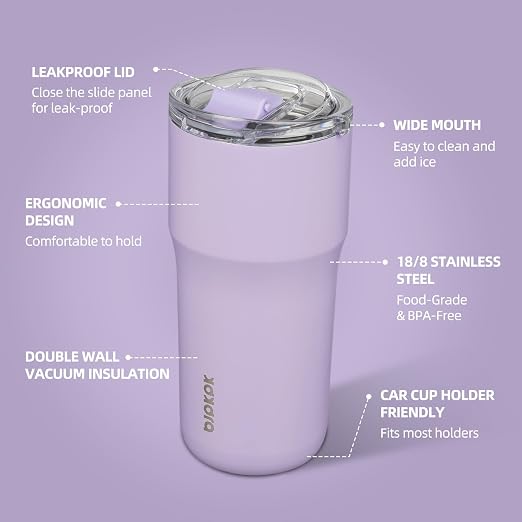 BJPKPK 20oz Spill Proof Coffee Tumbler, Insulated Stainless Steel Cup | Double Wall Vacuum, Leakproof Lid, Keeps Hot/Cold/Iced, BPA Free, Dishwasher Safe, Cupholder, Travel, Lavender - Image 2