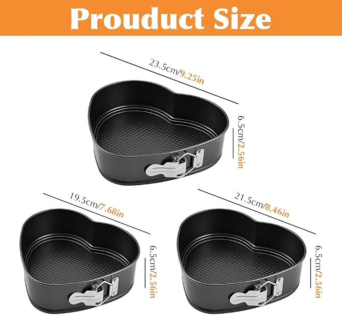 Set of 3 Springform Cake Tins Heavy Duty, Double Layer Non-Stick Coating, Removable Base, Heavy Duty Carbon Steel, Perfect for Frozen Desserts - Oven Safe Bakeware (heart-shaped) - Image 4