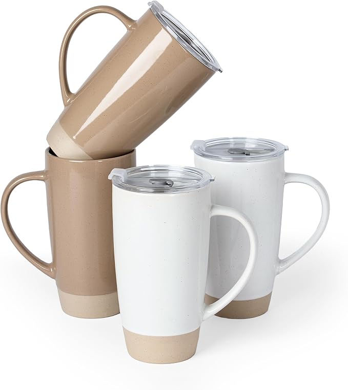 famiware Milkyway Coffee Mugs, 20oz Large Coffee Mug, Ceramic Mug Set of 4 with Lid, Cup Set with Handle for Latte, Tea, Cocoa, Milk, Home & Office, White and Cinnamon Brown by Famiware