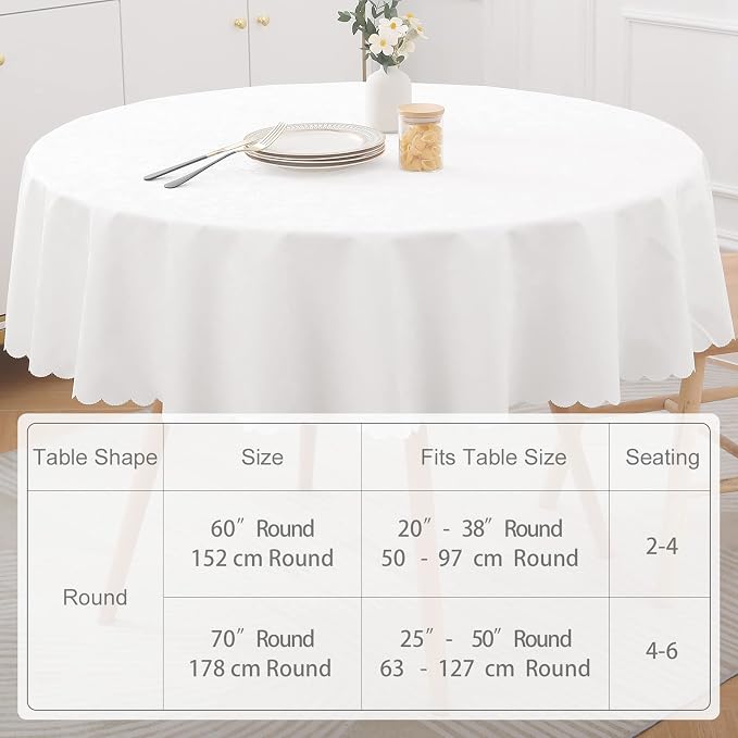 Smiry Round Waterproof Heavy Duty Vinyl Tablecloths, 70 x 70 Inch | Wipeable Washable Floral Embossed Table Cover for Kitchen and Dining Room, Indoor & Outdoor Use, White - Image 6