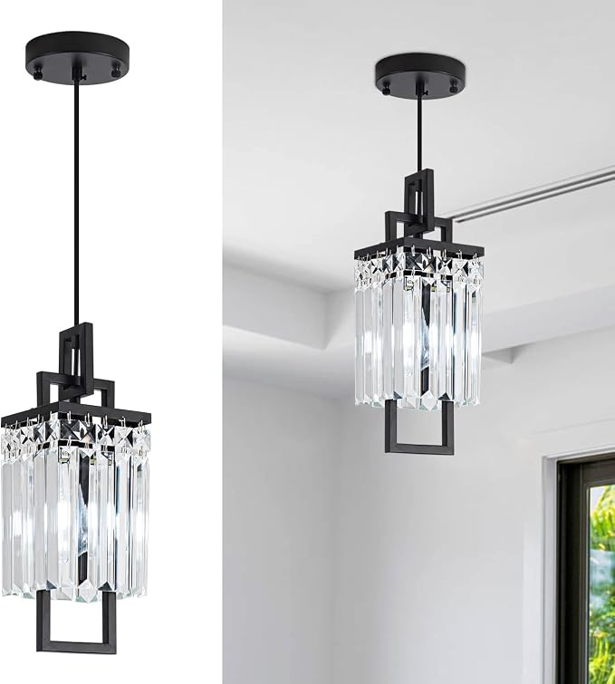 Modern Black Pendant Light Fixtures for Kitchen Island and Dining Room, Industrial Small Hanging Crystal Chandelier Light Fixture for Bedroom Entryway Living Room Foyer Hallway 1-Pack by Lighceac-ProfessionalLightingFixturesManufacturer