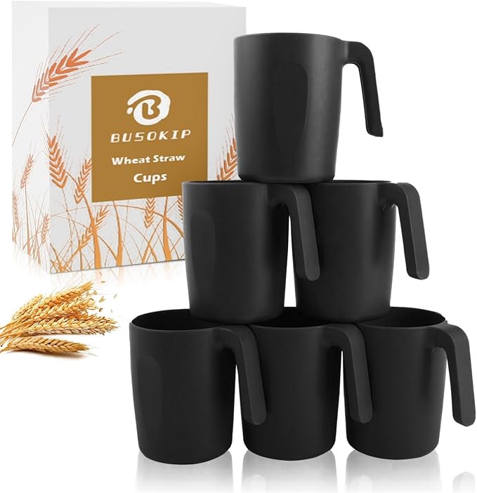 Wheat Straw Coffee Cups 16 OZ, Wheat Straw Cups with Handles, Unbreakable & Stacking Coffee Mugs Set of 6, Microwave & Dishwasher Safe Drinking Cups for Party, Camping, Kitchen - Black by BUSOKIP