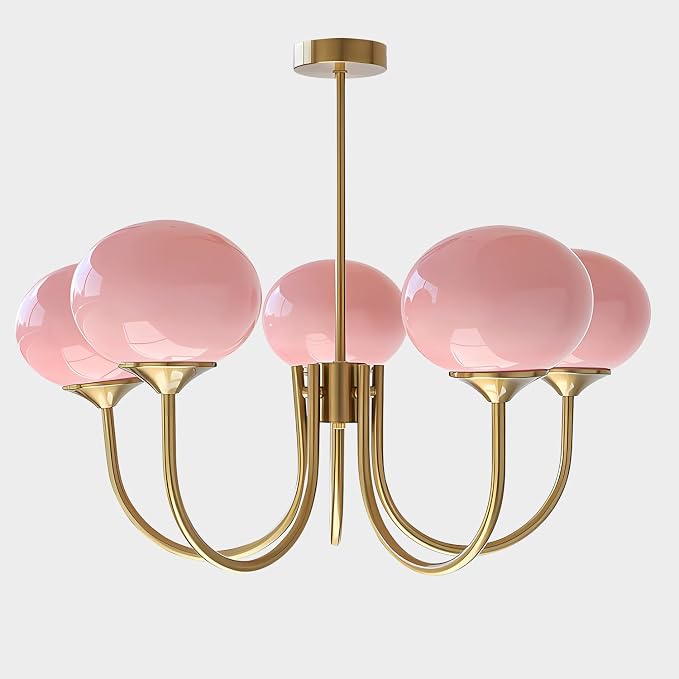 5-Light Pink Glass Ceiling Light Brass Gold Globe Pendant Light Modern Pink Bubble Chandelier Girls Bedroom Chandelier Light Fixture by FlyRose