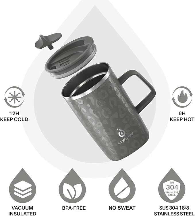 Ideus 16 oz Insulated Stainless Steel Coffee Mug with Lid, Leopard Gray | Perfect for home, office, or daily use| Easy to clean wide mouth| Sweat-proof| On the go - Image 2