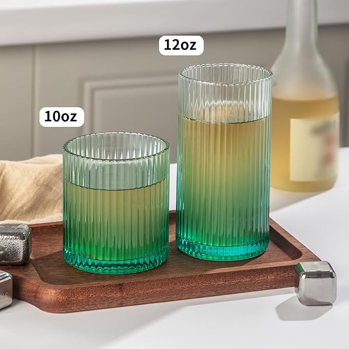 Ribbed Drinking Glasses 8pcs, 12oz and 10oz Glassware, Tumbler Glasses Cup Set for Wedding, Party, Christmas Gift, Green - Image 5