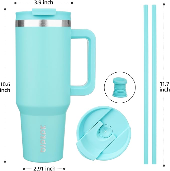 BJPKPK 40 oz Insulated Tumbler with Handle & Straw, Stainless Steel | Double Wall Vacuum Insulation, Leak Proof, BPA Free, Dishwasher Safe, Cupholder Friendly, Travel & Outdoor, Turquoise - Image 3