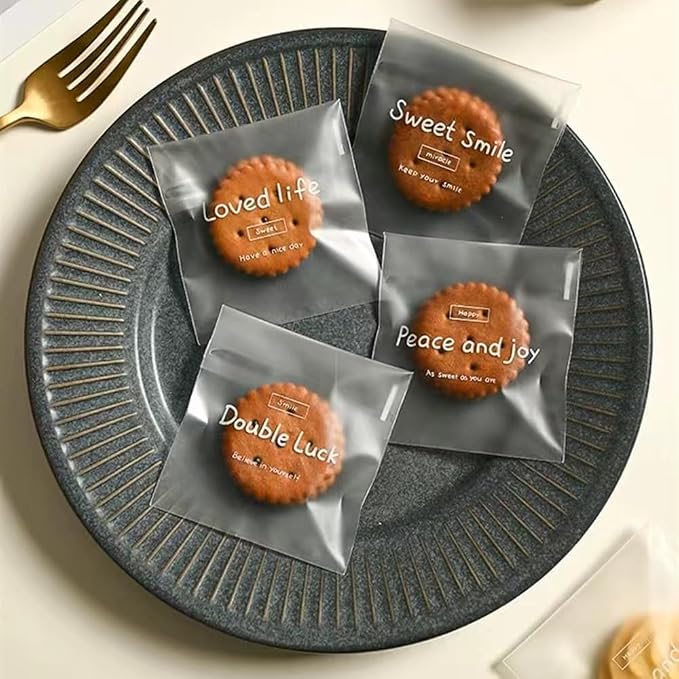 100 Pcs Frosted Semi-Transparent OPP Bags with Cute English Printing, Suitable for Packaging Cookies, Chocolate, Candy, Desserts, Snack Packs, Bread Bags, Self-Adhesive Bags, Gift Bags, Mini OPP Bags (2.8×2.8 in) - Image 5