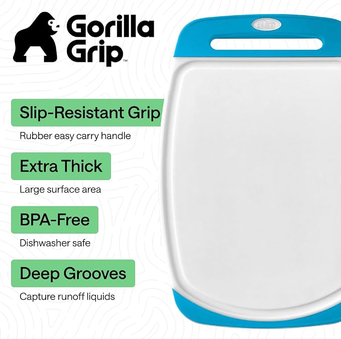 GORILLA GRIP BPA-Free Reversible Kitchen Cutting Board Set of 3, US Designed, Nonporous, Juice Grooves Catch Liquid, Slip Resistant Border, Dishwasher Safe, Durable Large Food Chopping Boards, Aqua - Image 2