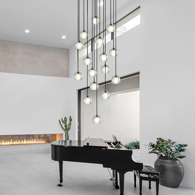 High Ceiling Foyer Chandelier, Brushed Black 16 Lights Crystal Staircase Chandelier, Modern Cut Pendant Raindrop Cluster Lighting Fixture for Entryway Living Room - Image 4
