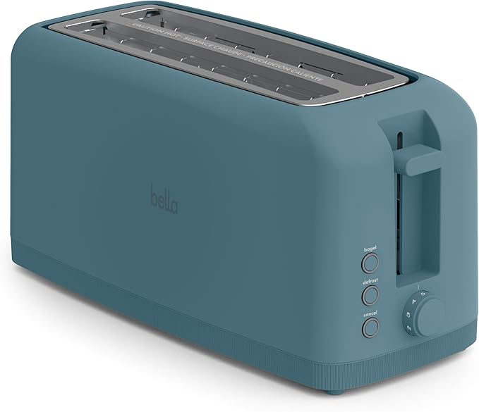 bella 4 Slice Slim Toaster, Fits-anywhere Kitchenware, 6 Setting Shade Control with Reheat & Cancel Buttons, Fits Sourdough, 10” Long Slot, Anti Jam & Auto Shutoff, 900 Watt, Surf by bella