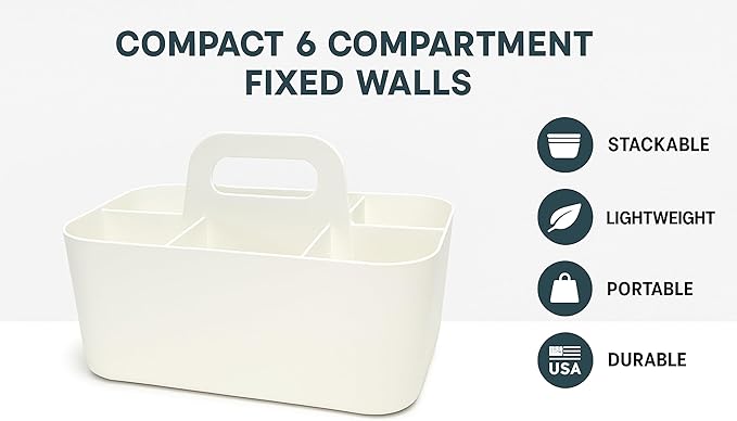 2 Pack Small 6 Compartment Multiuse Caddy Organizer with Handle Art Craft Supplies, Office, Desk, Stationery Pen Holder Stackable- Made In USA (Black/Ivory)