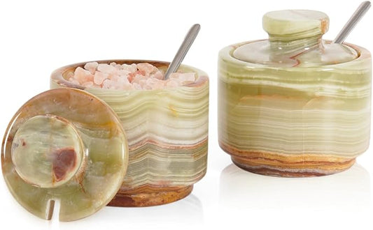 MARBLOUS KRAFTS Marble Salt Cellar with Lid and Spoon 3" Inch Green Stone Salt Dish for Kitchen Countertop Storage, Small Set of 2 Seasoning Containers, Spice Jars, Sugar Bowl by MarblousKrafts