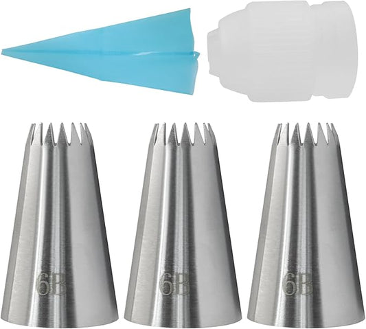 3 Pcs 6B Piping Tips, Stainless Steel Decorating Seamless Nozzles Icing Tips with Coupler Adapter & 12In Silicone Pastry Bag, Baking Tools for Birthday Cakes/Cupcakes/Cookie