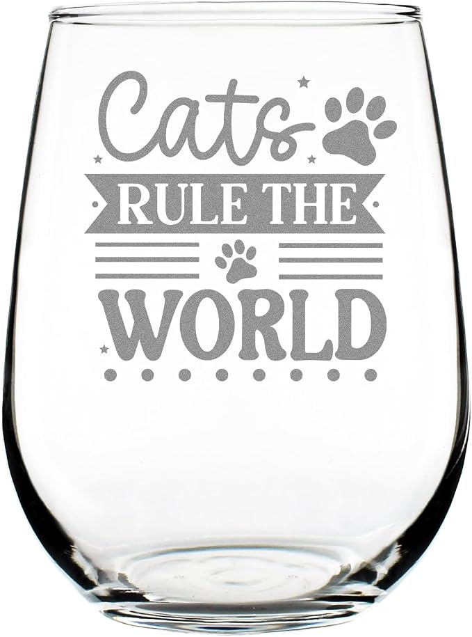 Cats Rule the World Stemless Wine Glass, Engraved Cat Lover, Unique Pet Theme Etched Kitty Fan Glassware by Make+Your+Mark+Design