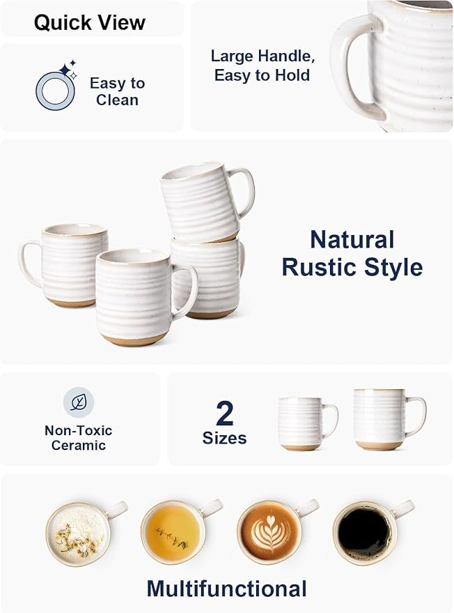 LE TAUCI Coffee Mugs 18 oz,Ceramic Mug Set, Coffee Cups for Latte, Hot Tea, Cappuccino, Mocha, Cocoa, Dishwasher Safe, Suit For Housewarming Wedding- 3.8 inch, Set of 4, Arctic White - Image 6