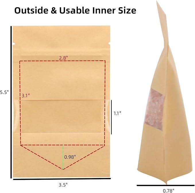 100pcs 3.5 x 5.5 inch Kraft Paper Treat Bags with Window Ziplock Stand Up Pouches for Food Storage Cookies Snacks Tea Packing - Image 4