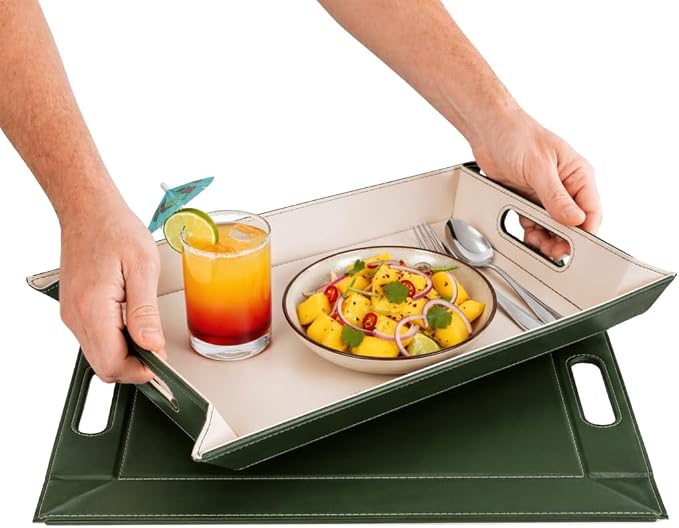 FREEFORM PLACEsMAT 2-in-1 Faux Leather Placemat & Serving Tray | Reversible Design, Lays Flat & Easy to Clean | Ottoman Food Tray, Perfect Housewarming Gift, 18” x 14” (Olive Green & Ivory, Single) by FREEFORM