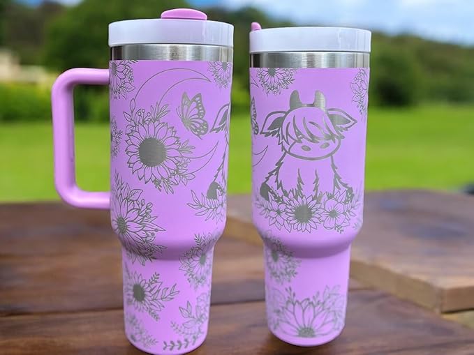 Tumbler, 40oz Tumbler, Western Tumbler, Engraved Cup with Handle, Cute Coffee Mug, 40oz Coffee Mug (Purple- Baby cow/sunflower)