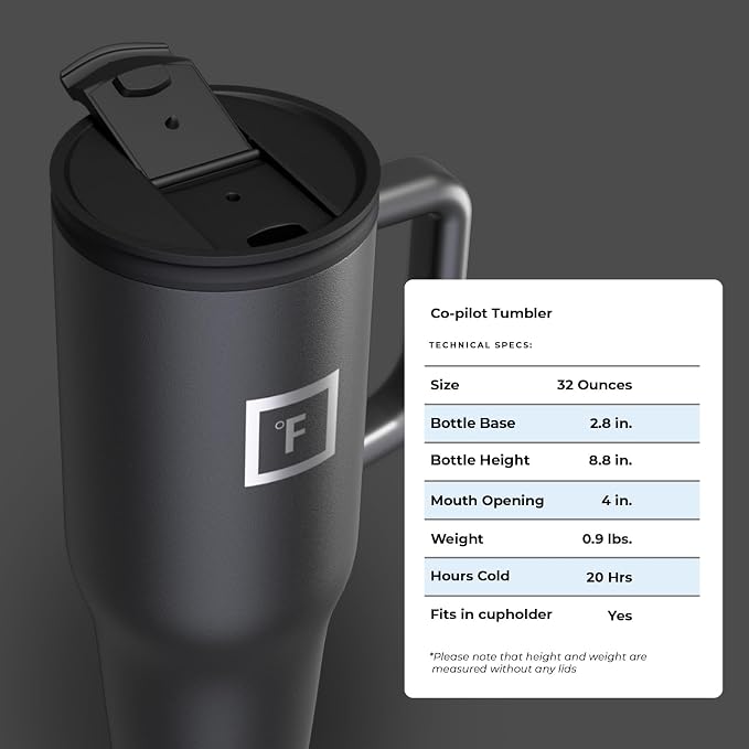 IRON °FLASK 32 oz Co-Pilot Insulated Travel Mug | Insulated Travel Mug with Straw & Flip Cap Lids - Cup Holder Fit, Leakproof, BPA Free (Midnight Black) - Image 9