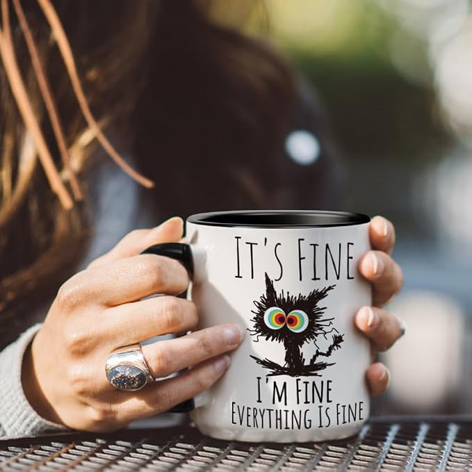 FALJIOK I'm Fine Everything is Fine Coffee Mug 11oz Funny Sarcastic Cat Mug Gifts for Cats Lover Novelty Coffee Mug Gifts for Cat Lover Women Mother's Day Gift for Cats Mom - Image 2