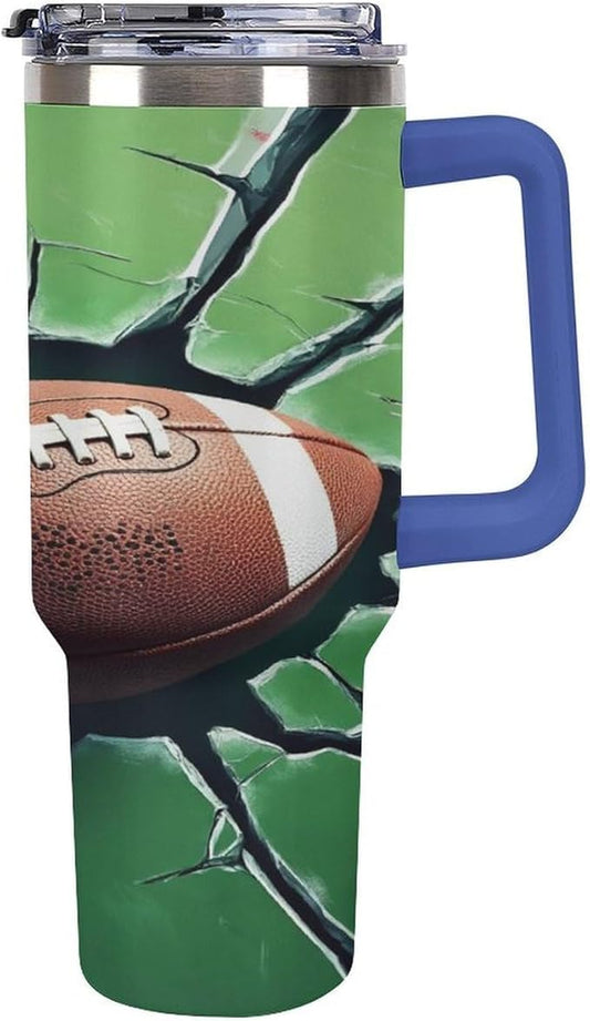 Football Impact on Cracked Glass Tumbler with Handle Insulated Water Travel Coffee Mug Bottle with Lid And Straw Stainless Steel Leak Proof Vacuum Insulated Cup 40 OZ