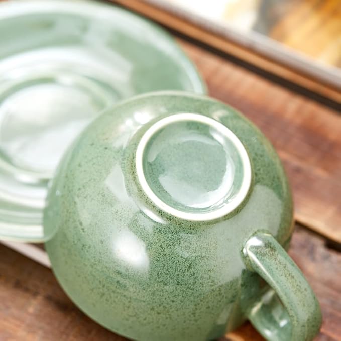 Coffeezone Vintage Design 12 oz Ceramic Latte Art Cappuccino Barista Cup with Saucer (Green) - Image 5