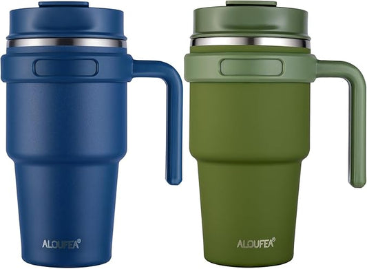 20 oz Insulated Travel Coffee Mug Tumbler with Handle and Straw | Leakproof Stainless Steel Coffee Cup with Lid, Double Wall Vacuum Ice Thermal Cup, Navy and Army Green by ALOUFEA