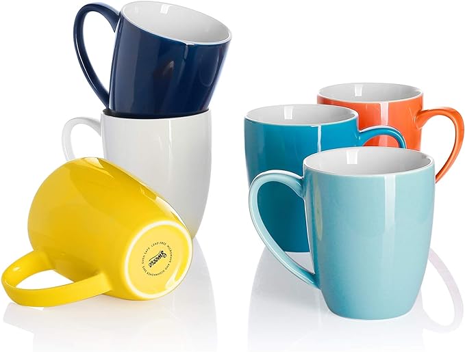 Sweese Porcelain Mugs - 12 Ounce for Coffee, Tea, Mocha and Mulled Drinks - Set of 6, Hot Assorted Colors by Sweese