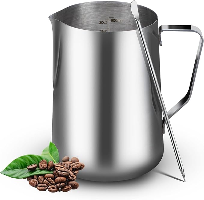32oz Milk Frothing Pitcher with Latte Art Pen-Stainless Steel Steaming Jug for Espresso, Cappuccino & Coffee-Heat-Resistant, Dripless Spout, Measurement Scale, Dishwasher Safe (900ml/32oz)