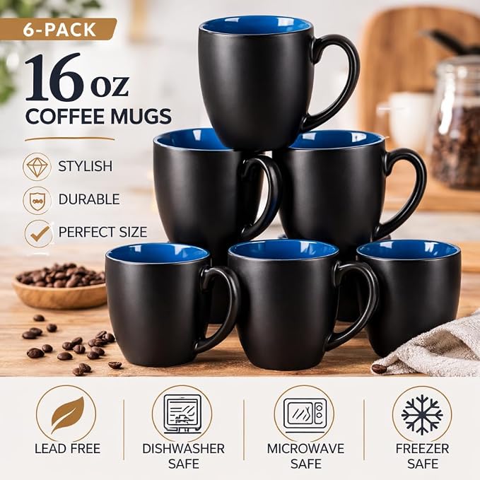 GBhome 16oz Coffee Mugs Set of 6, Large Ceramic Coffee Mugs for Man, Woman, Dad, Mom, Modern Coffee Mugs Set with handle for Tea/Latte/Cappuccino/Milk/Cocoa. Dishwasher&Microwave Safe,Blue - Image 8