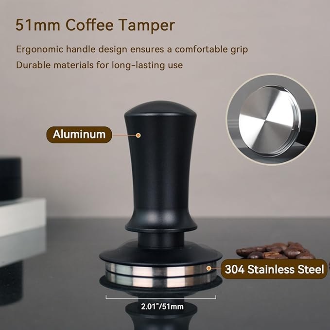 51mm Espresso Tamper Set, Espresso Accessories Kit with Adjustable Spring-Loaded Tamper, Stainless Steel WDT Tool and Magnetic Dosing Funnel for 51 mm Portafilters
