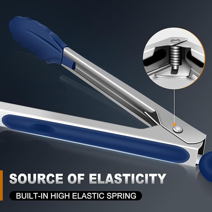 Tongs For Cooking - Kitchen Tong with Silicone Tip 7", 9", 12" Blue | 600°F Heat Resistant Silicone Tong, All Metal handle Locking Tongs with Silicone Tips, Heavy Duty Stainless steel - Image 4