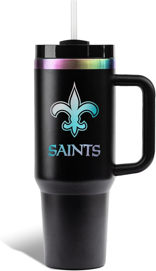 The Memory Company NFL 40oz Iridescent Tumbler - Double-Wall Vacuum Insulated Stainless Steel Water Bottle - Team Spirit Travel Cup with Handle, Lid and Straw, Hot and Cold Drink Container